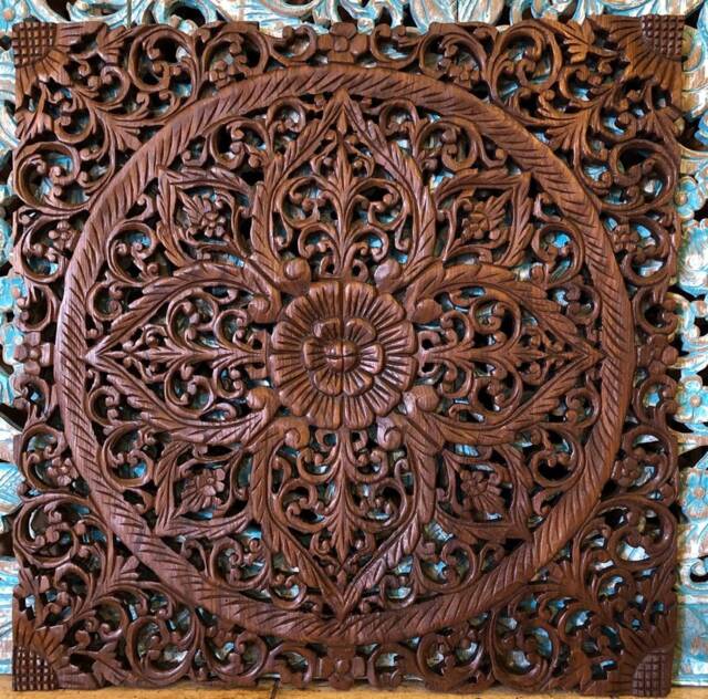 Mandala Lotus Flower Teak Natural Reclaimed Wood Wooden Carved Carving Panel Wall Art White Wash Brown Black Rustic 60cm 24 Inch - image 1