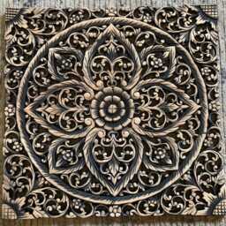 Mandala Lotus Flower Teak Natural Reclaimed Wood Wooden Carved Carving Panel Wall Art White Wash Brown Black Rustic 60cm 24 Inch - thumbnail 3