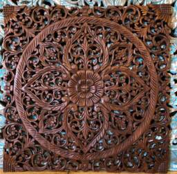 Mandala Lotus Flower Teak Natural Reclaimed Wood Wooden Carved Carving Panel Wall Art White Wash Brown Black Rustic 60cm 24 Inch