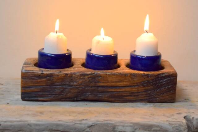 A Set Of 3 Triple Blue Glazed Ceramic Stoneware Night Light Candle Holders Into Character Oak Block - image 1