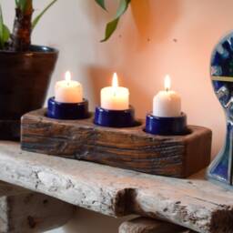 A Set Of 3 Triple Blue Glazed Ceramic Stoneware Night Light Candle Holders Into Character Oak Block - thumbnail 2