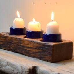 A Set Of 3 Triple Blue Glazed Ceramic Stoneware Night Light Candle Holders Into Character Oak Block - thumbnail 3