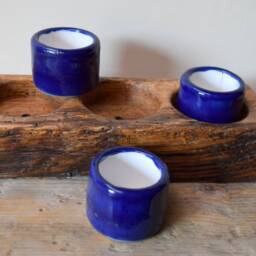 A Set Of 3 Triple Blue Glazed Ceramic Stoneware Night Light Candle Holders Into Character Oak Block - thumbnail 4