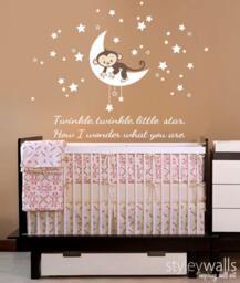 Moon Wall Decal, Monkey Decal, Stars Stars & Twinkle Little Star Baby Decal Sticker - thumbnail 3