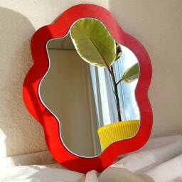 Red Asymmetrical Wall Mirror, Modern Accent Decor - thumbnail 2