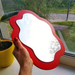 Red Asymmetrical Wall Mirror, Modern Accent Decor - thumbnail 3