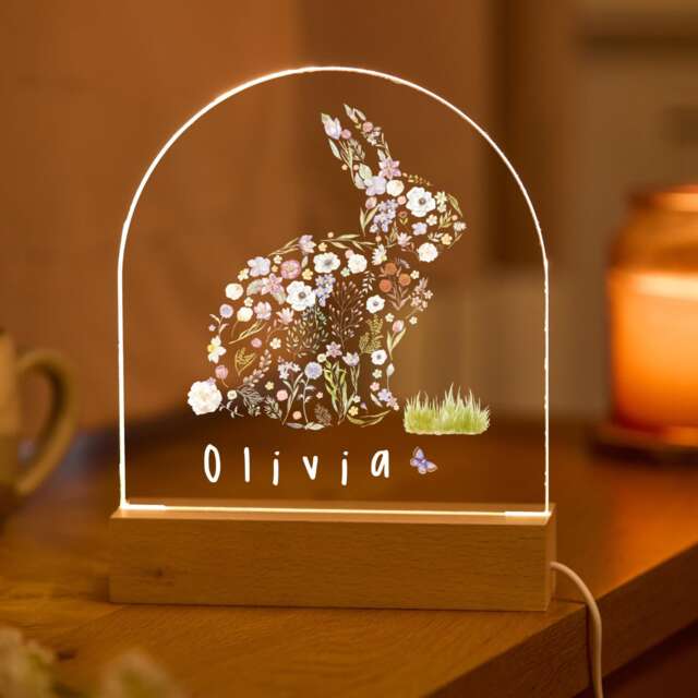 Personalised Kids Easter Led Night Light Cute Flower Bunny Design For Boys Or Girls Childrens Bunny First Gift Baby 1st Lamp Birthday - image 1