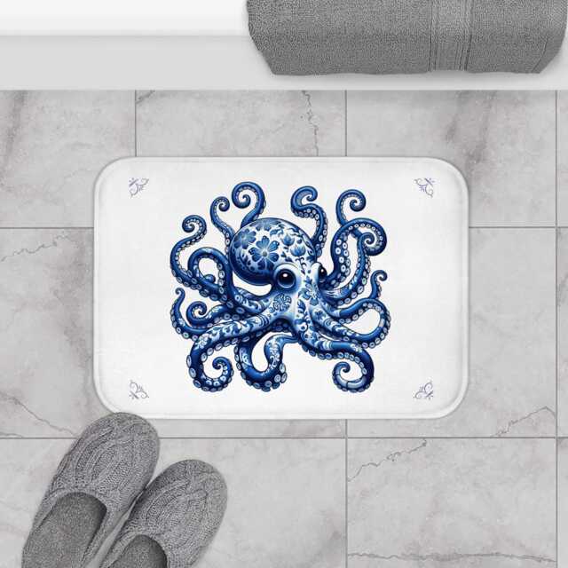 Octopus Bath Mat, Delft Blue, Sealife Decor, Housewarming Gift, Blue White Bathroom Rug, Decor, Bath Mat