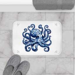 Octopus Bath Mat, Delft Blue, Sealife Decor, Housewarming Gift, Blue White Bathroom Rug, Decor, Bath Mat