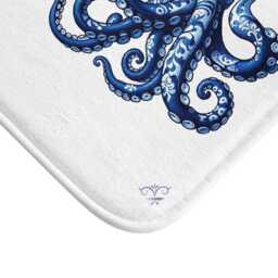 Octopus Bath Mat, Delft Blue, Sealife Decor, Housewarming Gift, Blue White Bathroom Rug, Decor, Bath Mat - thumbnail 3