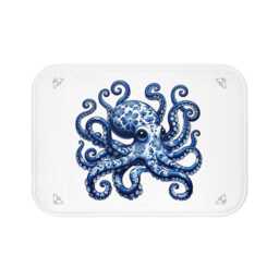 Octopus Bath Mat, Delft Blue, Sealife Decor, Housewarming Gift, Blue White Bathroom Rug, Decor, Bath Mat - thumbnail 2