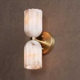 Mid Century Modern Brass Wall Sconce, Double Alabaster Glass Shade Light, Luxury Bathroom Vanity Lamp, Bedroom Lighting Fixture - thumbnail 3