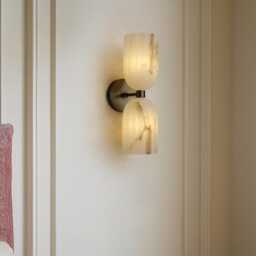 Mid Century Modern Brass Wall Sconce, Double Alabaster Glass Shade Light, Luxury Bathroom Vanity Lamp, Bedroom Lighting Fixture - thumbnail 2