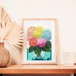 Rainbow Hydrangeas Acrylic Painting Floral Summer Wall Art - 9x12 Inches