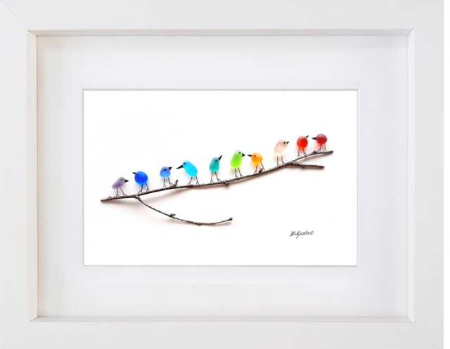 Rainbow Birds On Branch - Driftwood & Sea Glass Picture Framed Handmade Art Wall Decor - image 1