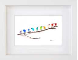 Rainbow Birds On Branch - Driftwood & Sea Glass Picture Framed Handmade Art Wall Decor - thumbnail 1