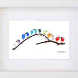 Rainbow Birds On Branch - Driftwood & Sea Glass Picture Framed Handmade Art Wall Decor - thumbnail 2