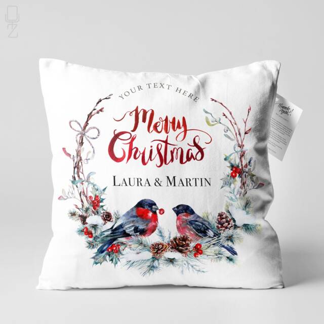 Personalised Christmas Cushion Cover Bullfinch Birds, Velvet Pillow - image 1