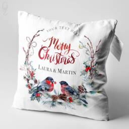 Personalised Christmas Cushion Cover Bullfinch Birds, Velvet Pillow - thumbnail 2