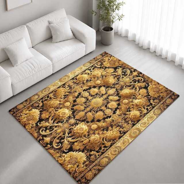 Luxury Gold Baroque Floral Damask Rug Non-Slip Soft Area Carpet Bedroom Living Room Hallway Mat Decor - Made in UK - image 1