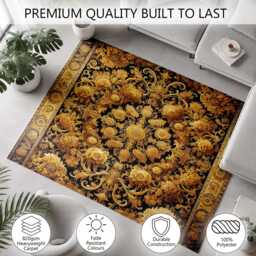 Luxury Gold Baroque Floral Damask Rug Non-Slip Soft Area Carpet Bedroom Living Room Hallway Mat Decor - Made in UK - thumbnail 3