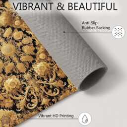 Luxury Gold Baroque Floral Damask Rug Non-Slip Soft Area Carpet Bedroom Living Room Hallway Mat Decor - Made in UK - thumbnail 4