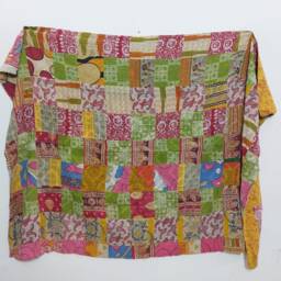 Vintage Kantha Quilt, Handmade Indian Cotton Sari Bedspread Throw, Reversible Boho Blanket - thumbnail 2