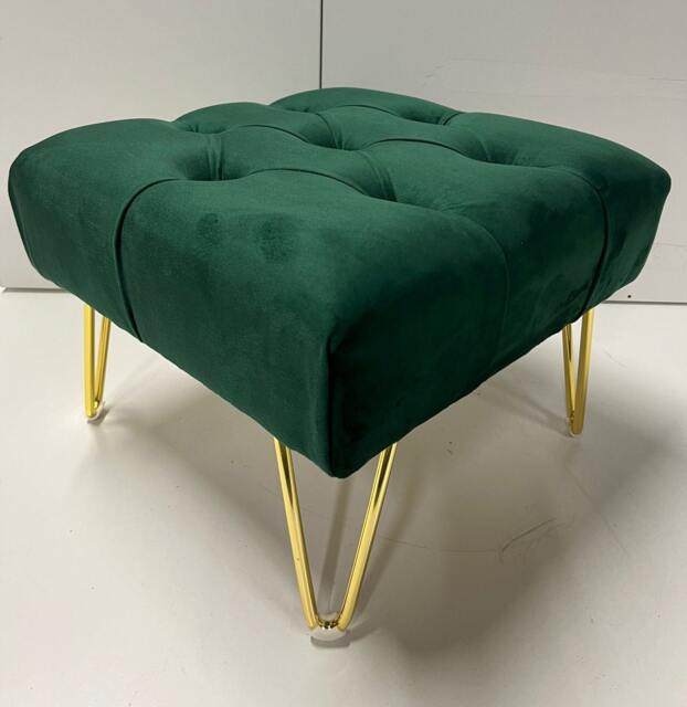 Emerald Green Velvet Footstool - Chesterfield Design With Golden Legs - image 1