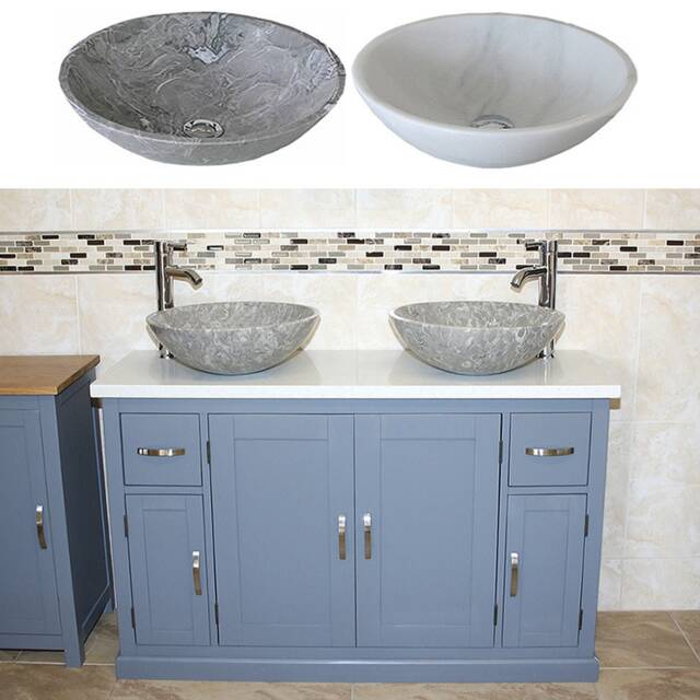 Grey Painted Bathroom Vanity Unit Quartz Top Cabinet Twin Marble Bowl Basin Tap Plug 402Gwqsbcx2 - image 1