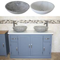 Grey Painted Bathroom Vanity Unit Quartz Top Cabinet Twin Marble Bowl Basin Tap Plug 402Gwqsbcx2 - thumbnail 1