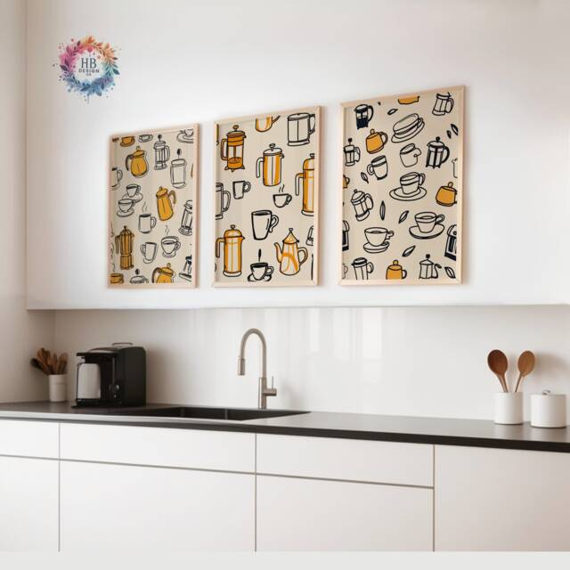 Coffee Wall Art - Set Of 3 - Orange & Black Kitchen Prints Retro Decor Gallery Shop Lover Gifts Trendy - image 1