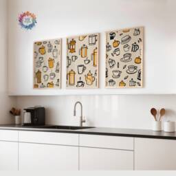 Coffee Wall Art - Set Of 3 - Orange & Black Kitchen Prints Retro Decor Gallery Shop Lover Gifts Trendy - thumbnail 1