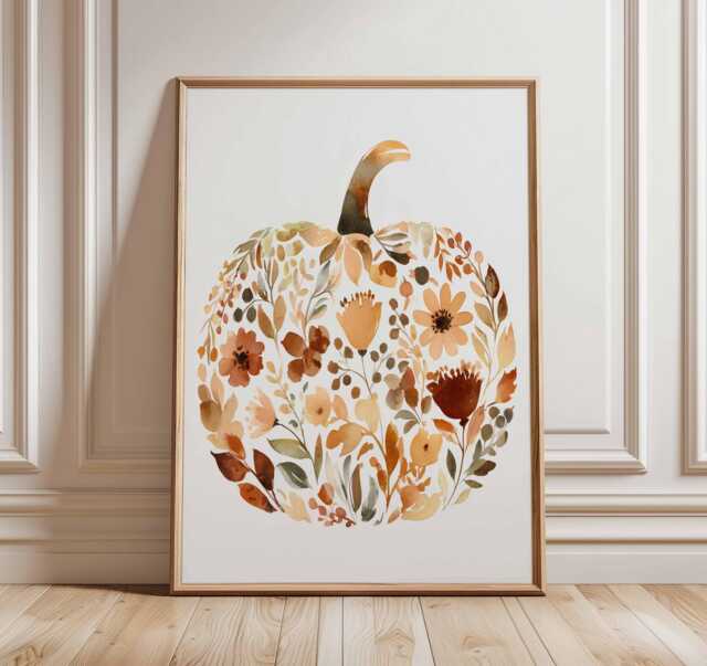 Watercolor Pumpkin Wall Art Print Fall Floral Poster Autumn Harvest Botanical Rustic Farmhouse Halloween Thanksgiving Decor Unframed - image 1