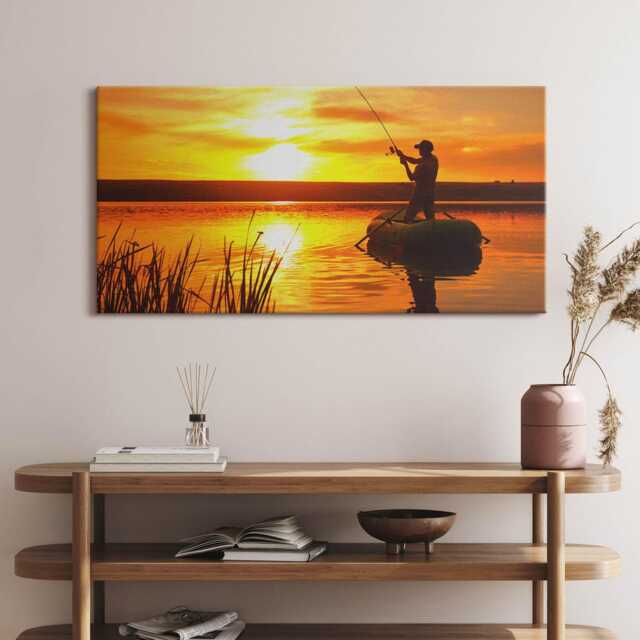 Fisherman & Sunset Canvas, Picture Wall Hanging, Brown Decor, Landscape Canvas Print - image 1