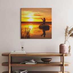 Fisherman & Sunset Canvas, Picture Wall Hanging, Brown Decor, Landscape Canvas Print - thumbnail 3