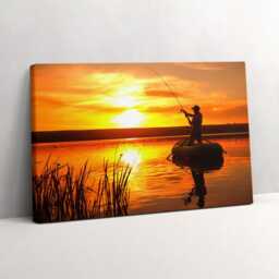 Fisherman & Sunset Canvas, Picture Wall Hanging, Brown Decor, Landscape Canvas Print - thumbnail 2