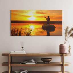Fisherman & Sunset Canvas, Picture Wall Hanging, Brown Decor, Landscape Canvas Print - thumbnail 1
