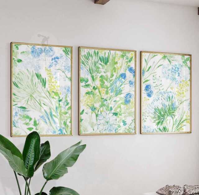 Set Of 3 Botanical Posters, Green & Blue Floral Wall Art Prints, Nature Inspired Home Decor - image 1