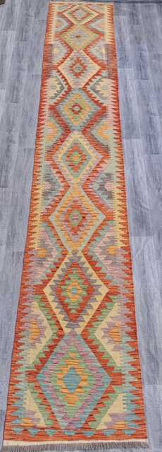 Handmade Wool Kilim Runner Rug, Geometric Tribal Flatweave, Afghan Turkish Navajo Design, Natural Dyes 485x84 cm - image 1
