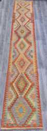Handmade Wool Kilim Runner Rug, Geometric Tribal Flatweave, Afghan Turkish Navajo Design, Natural Dyes 485x84 cm - thumbnail 1