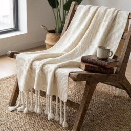 Boho Knitted Throw Blanket With Tassels - Soft Decorative Sofa Bed Runner Cosy Living Room Modern Home D??cor