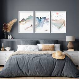 Calm Horizontal Set Of 3 Framed Wall Art Prints For Relaxing Bedroom, Night Sky Japandi Gallery Hanging Above Bed Decor