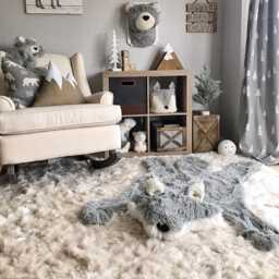 Gray Wolf Rug in Faux Fur For Forest Nursery Decor - thumbnail 1