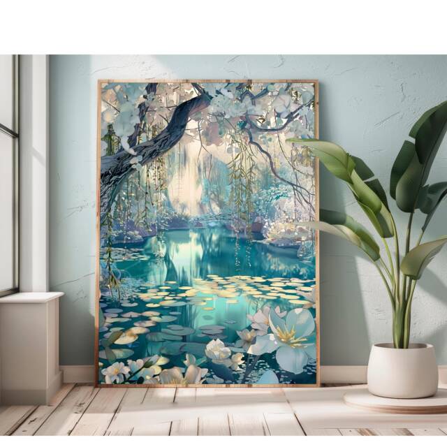 Framed Enchanted Spring Forest Pond Flowering Willow Flowers, Calm Teal Decor, Powder Room Wall Art, Large Poster Gift, Bedroom Decor - image 1