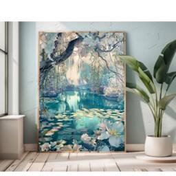 Framed Enchanted Spring Forest Pond Flowering Willow Flowers, Calm Teal Decor, Powder Room Wall Art, Large Poster Gift, Bedroom Decor - thumbnail 1
