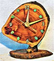 "Burlwood Desk Clock With Turquoise Stones 6"" X 5.5"" 3.5"