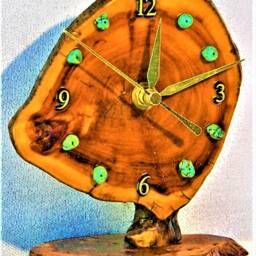 "Burlwood Desk Clock With Turquoise Stones 6"" X 5.5"" 3.5" - thumbnail 3