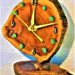 "Burlwood Desk Clock With Turquoise Stones 6"" X 5.5"" 3.5" - thumbnail 2