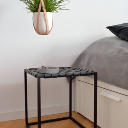 Woven Leather Top Nightstand Scandinavian Steel Bedside Table - thumbnail 3