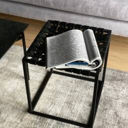 Woven Leather Top Nightstand Scandinavian Steel Bedside Table - thumbnail 2